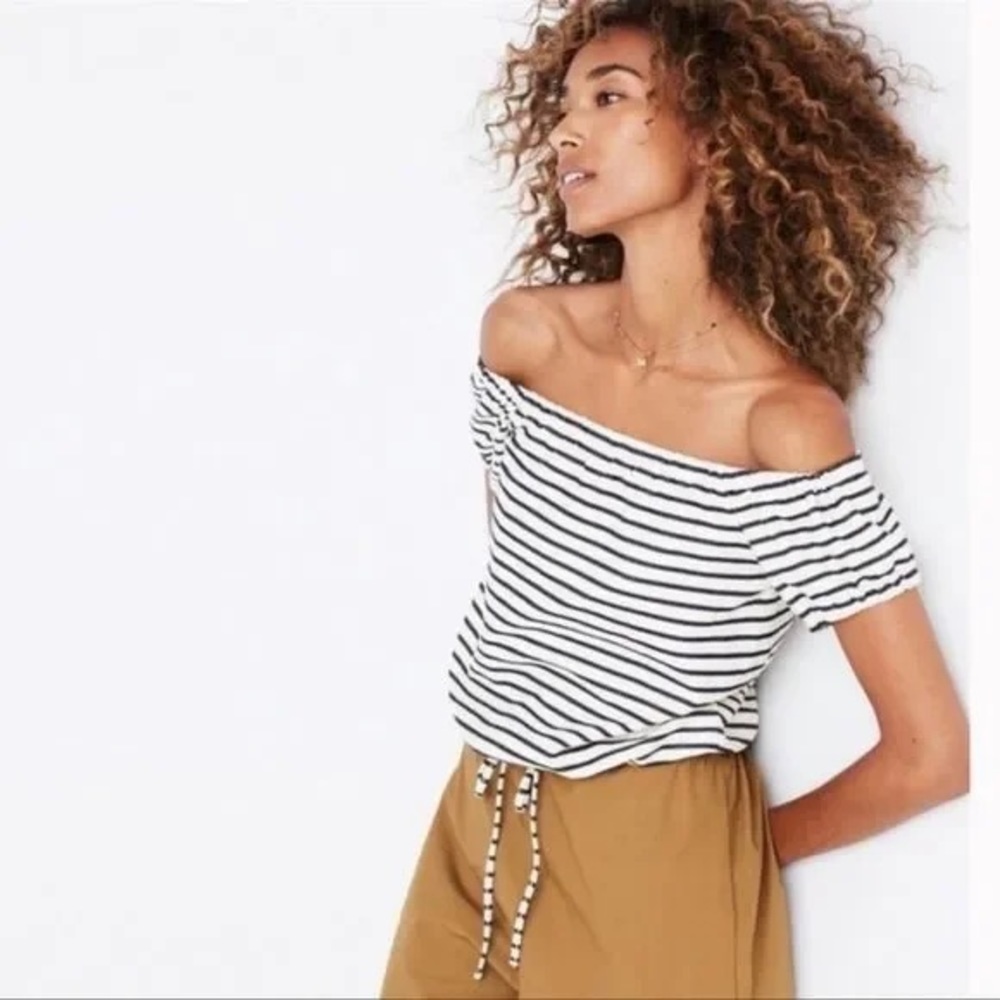 Madewell Women's medium Striped Melody off The Shoulder Top Tie Blue Cotton